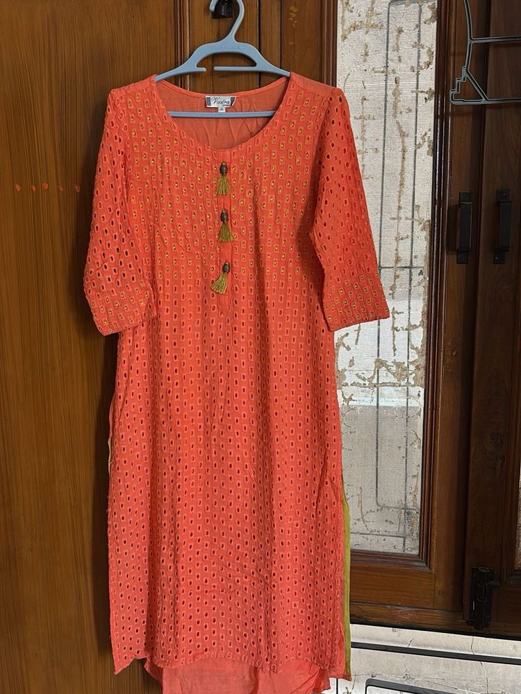 Orange Eyelet Kurta with Tassels