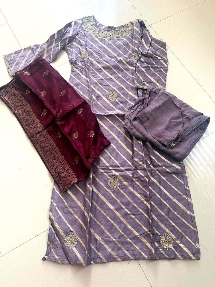Purple Banarasi Kurta Set with Dupatta
