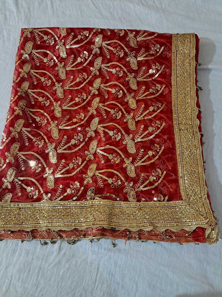 Red Embroidered Dupatta with Sequins