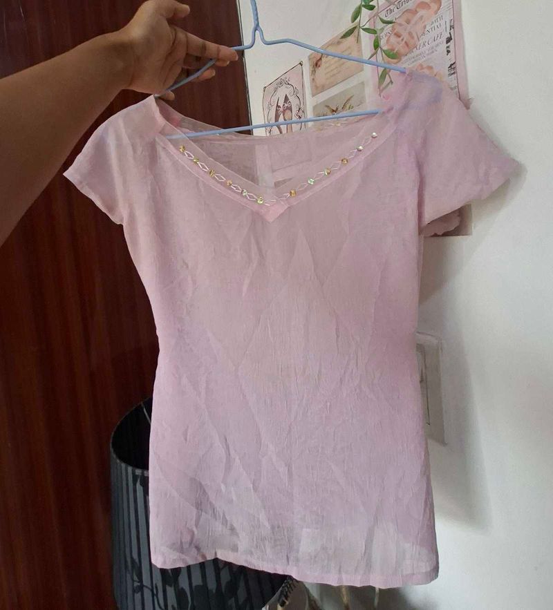 Sheer Pink V-Neck Top with beaded neckline