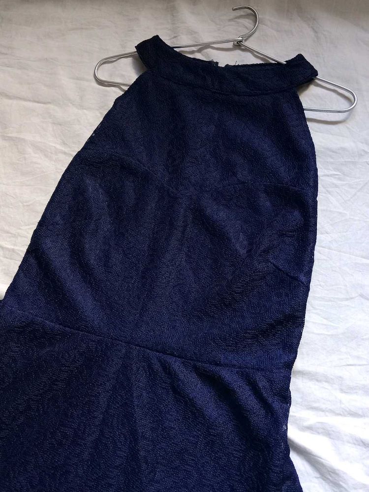 Elegant Navy Lace Halter Dress