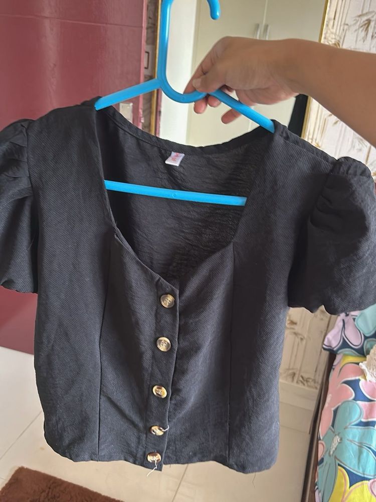 Chic Black Puff Sleeve Button-Up Top