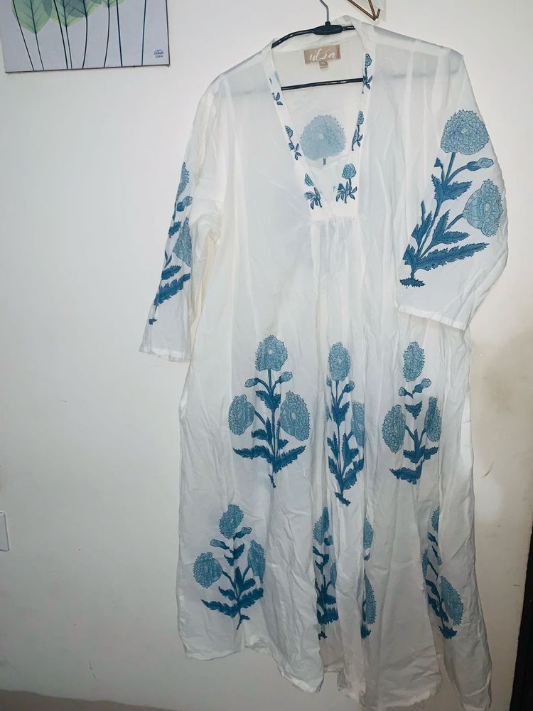 Utsa Blue Floral Butta Design Cotton A-Line Kurta