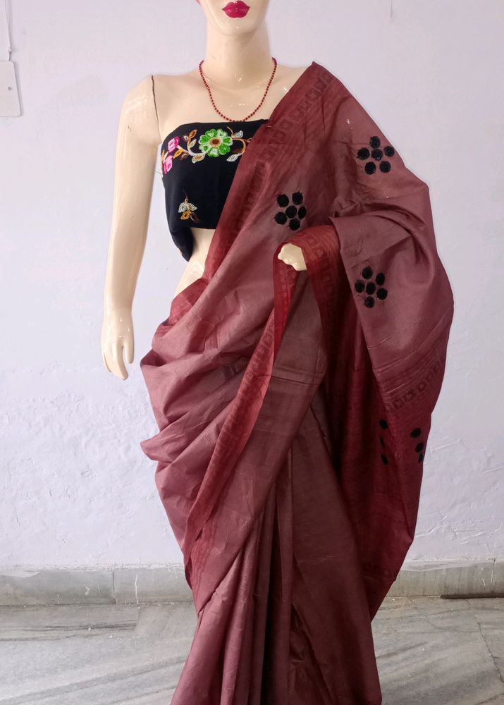 Pure Tussar Silk Block Print Sequin Work Saree