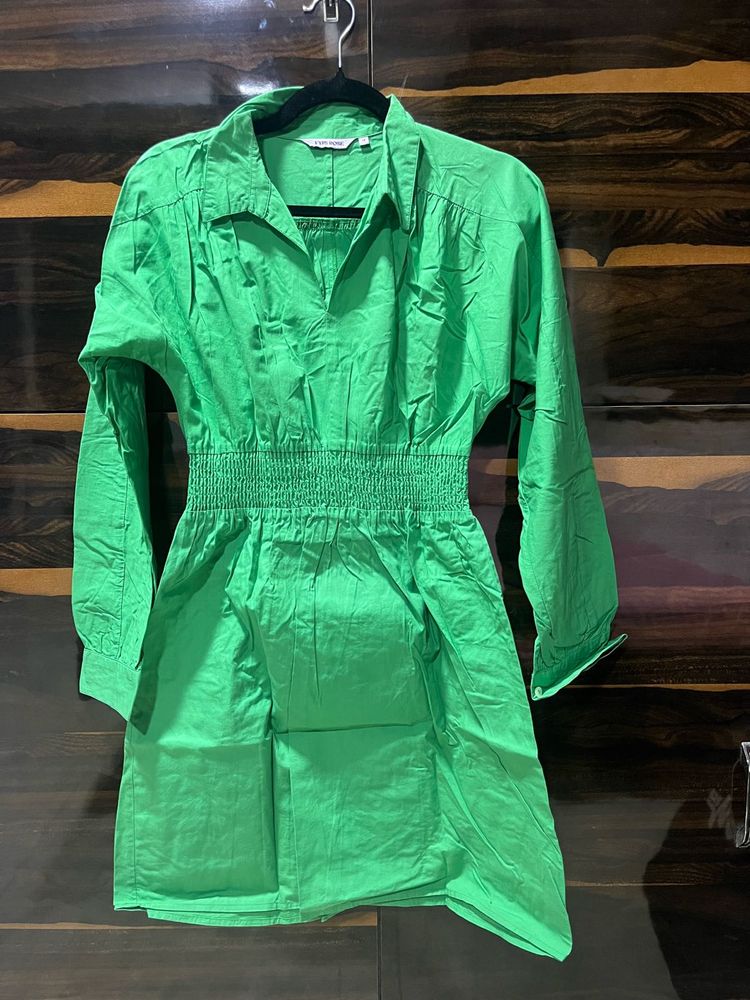 Bright Green Smocked Waist Shirt Dress