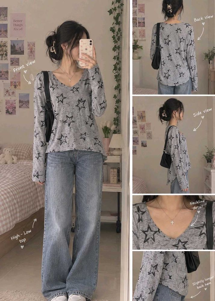 Grey Star Print Top