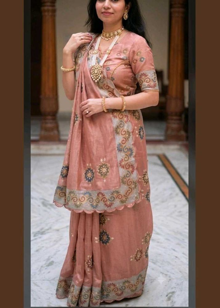 peach saree with fall &amp; Blouse.