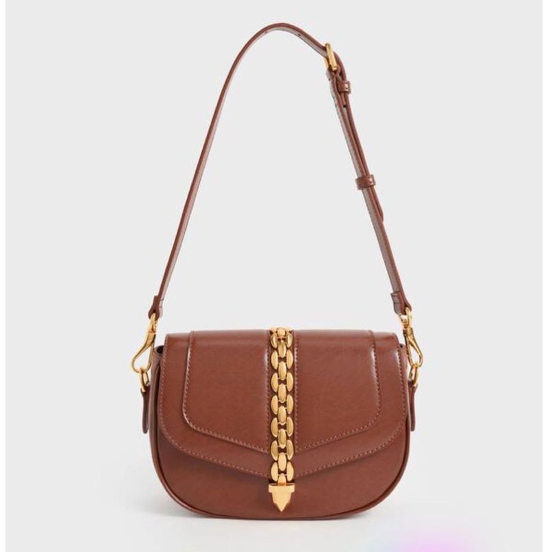 Stylish Brown Shoulder Bag with Gold Chain Detail