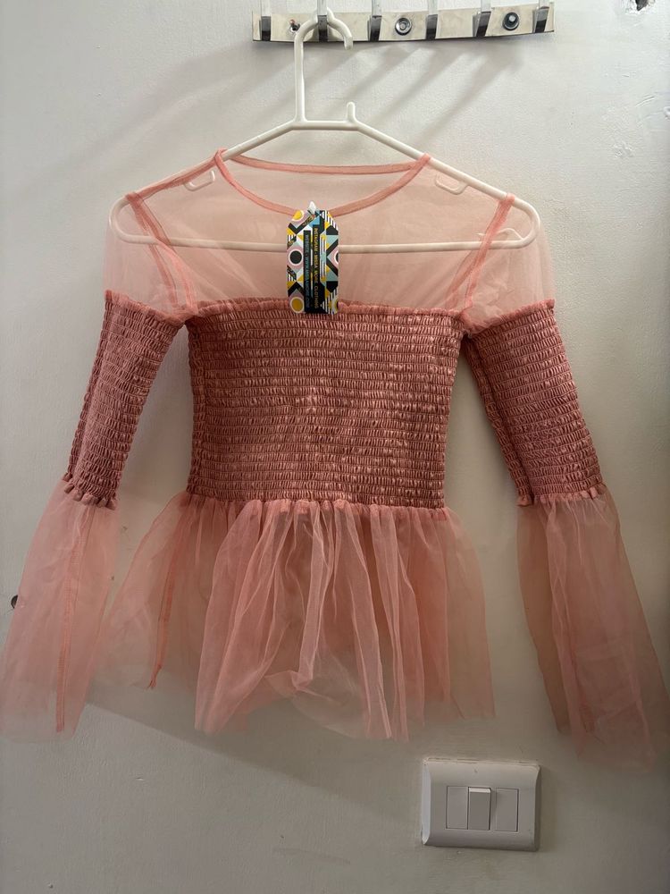 Miss More Sheer Mesh Smocked Top