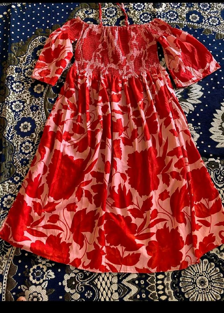 Vibrant Red Floral Off-Shoulder Dress