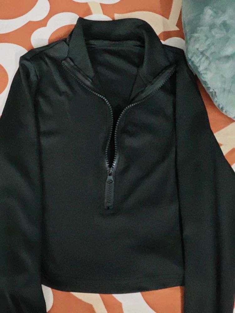 Black Quarter Zip Cropped Top