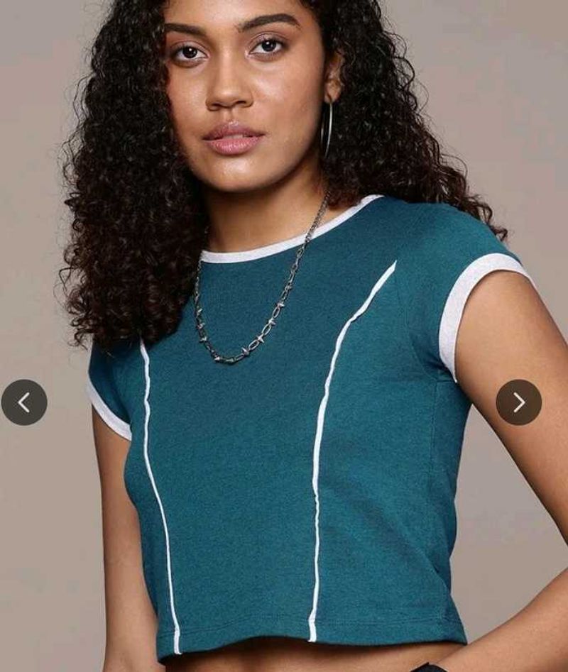 Teal Cropped Top with White Piping