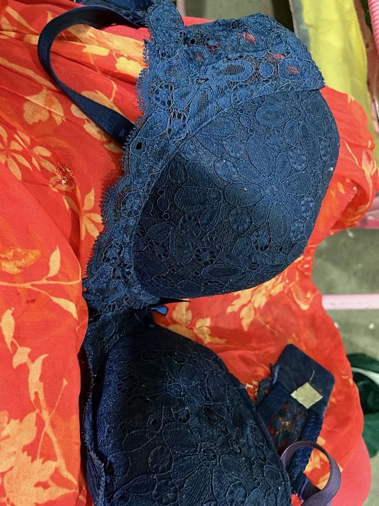 Lace Trimmed Navy Blue Bra