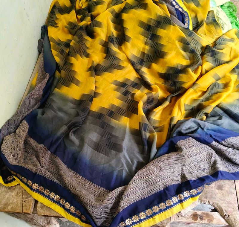 Vibrant Yellow &amp; Blue Saree