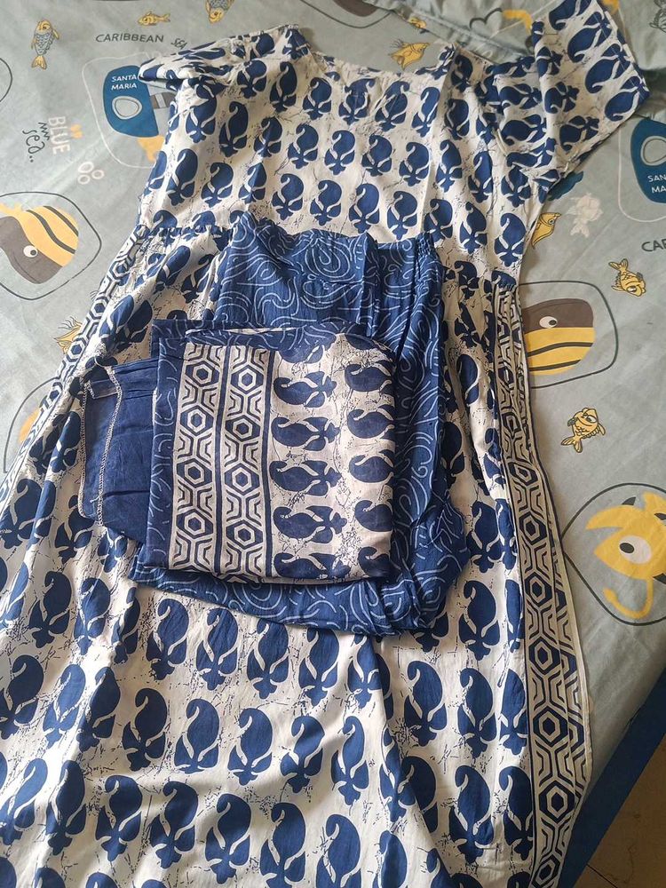 Blue and White Block Print Kurta Set