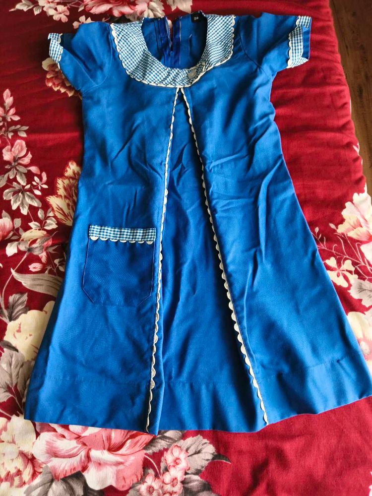 Vintage Blue Dress with Gingham Trim