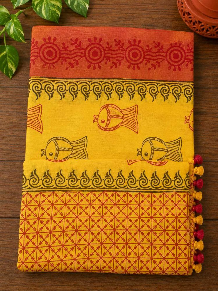 Fish Block Print Cotton Saree