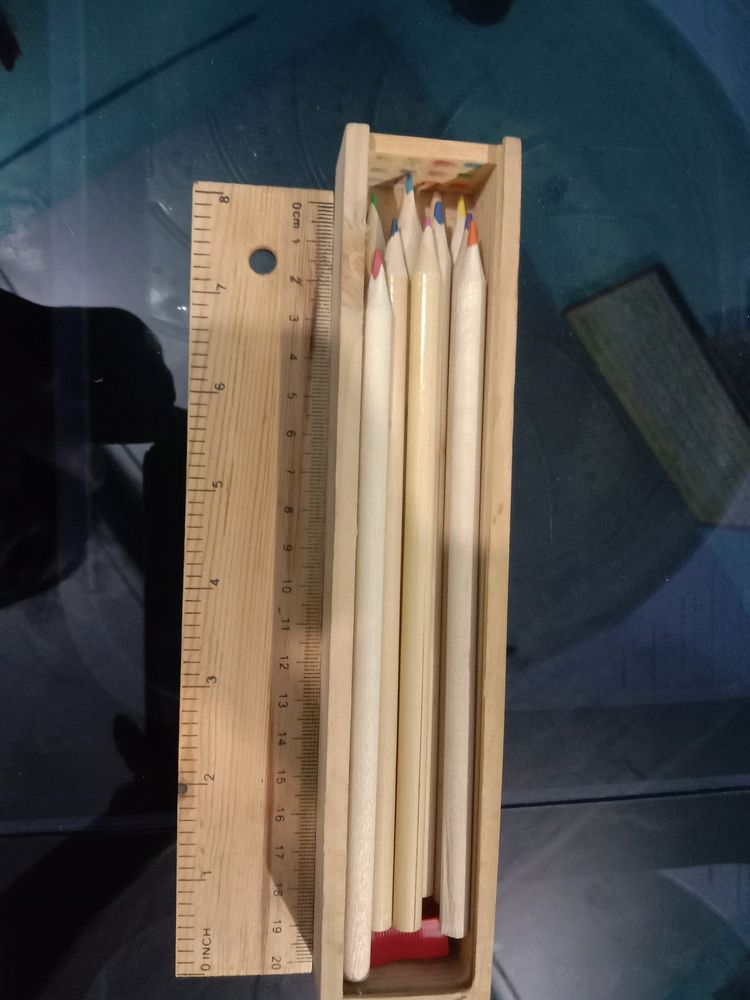 Wooden Pencil Box 12 Different Crayon Color One Wooden Scale Sharpener Is Not Available