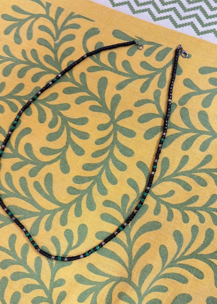 Black Beaded Necklace with Green Accents