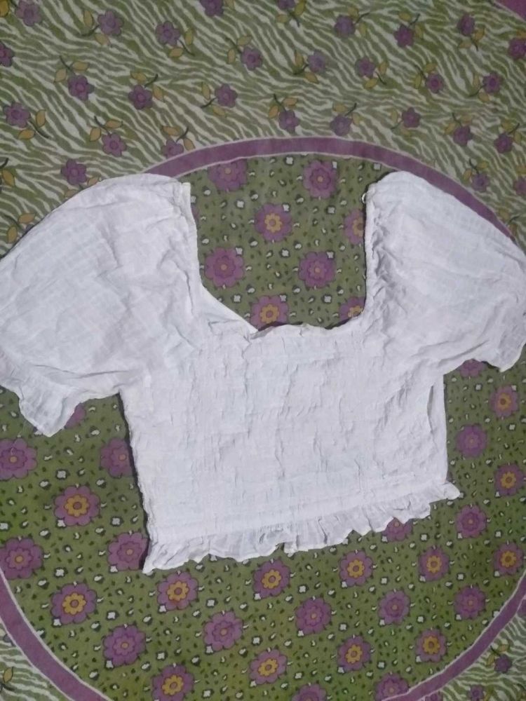 White Smocked Puff Sleeve Crop Top