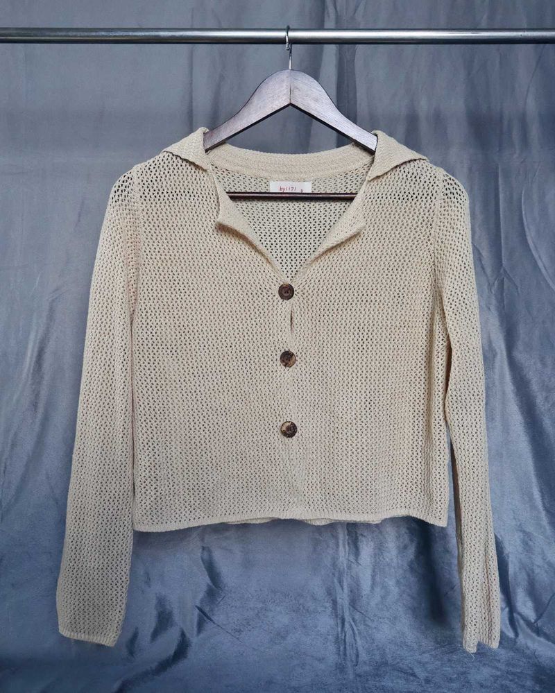 Beige Knit Button-Down Cardigan