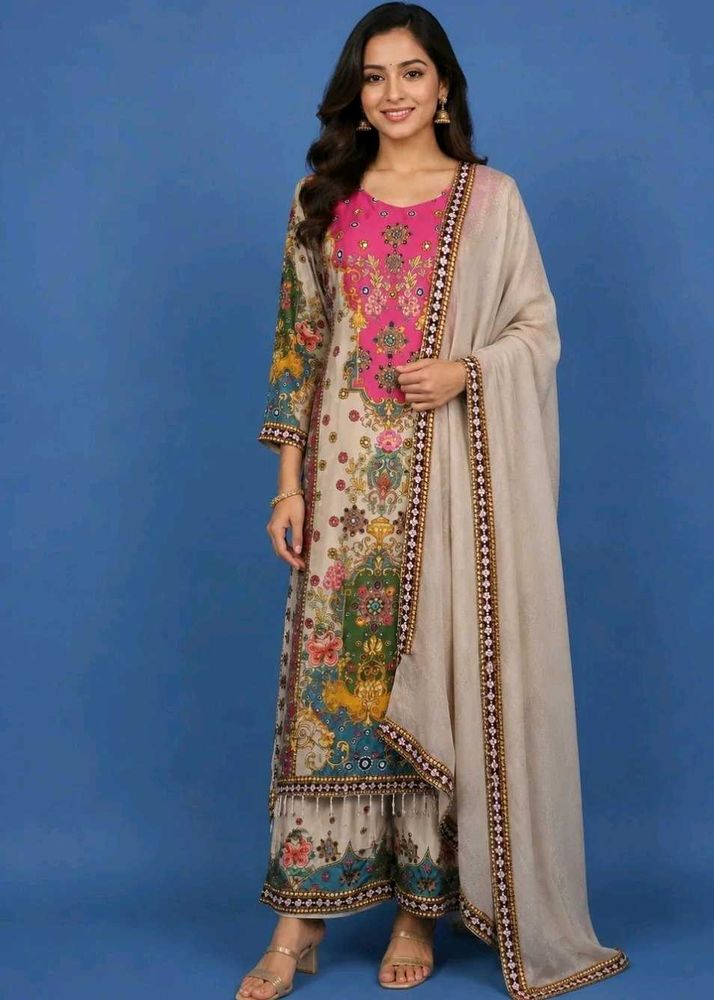 Beige And Pink Floral Printed Synthetic Suit Set