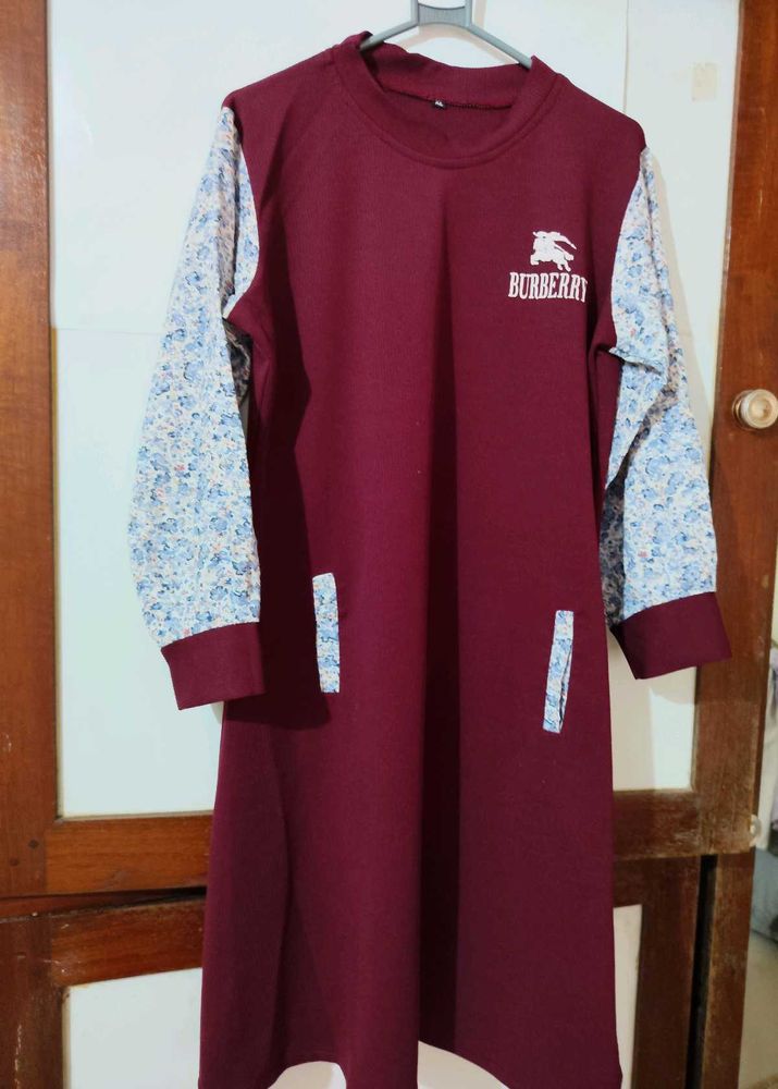 Maroon Dress with Floral Sleeves