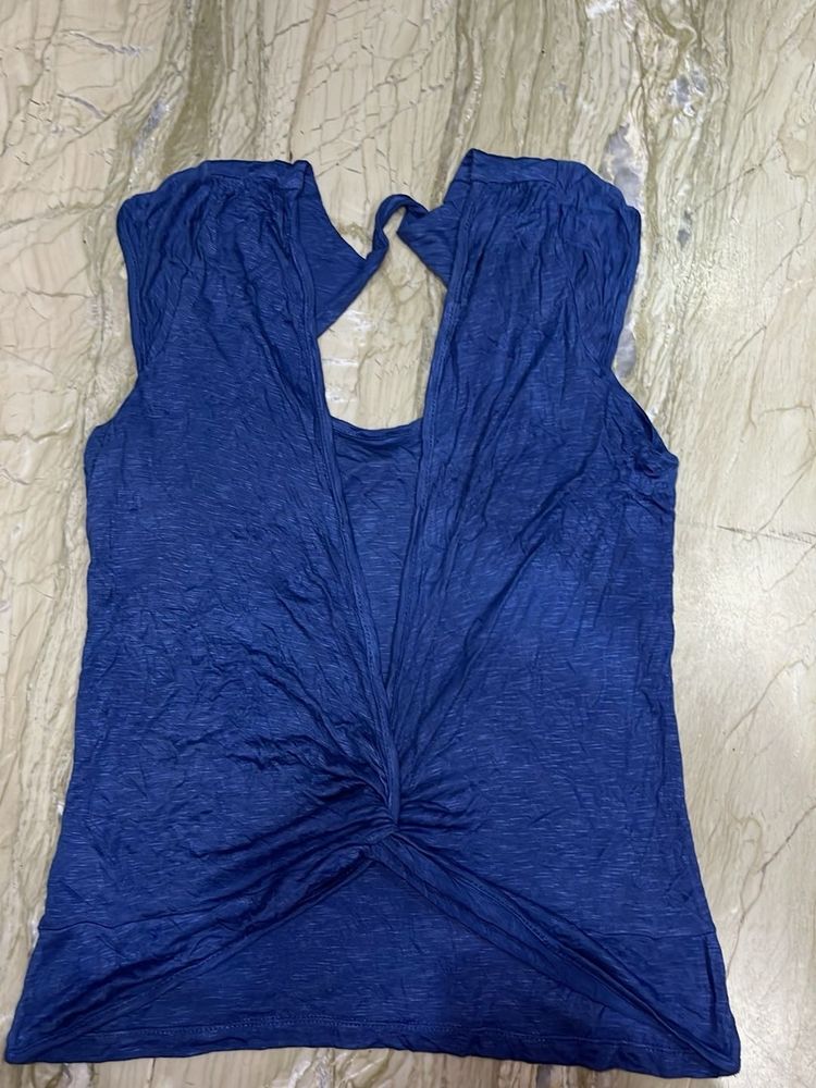 Stylish Blue Twist Front Cutout Top