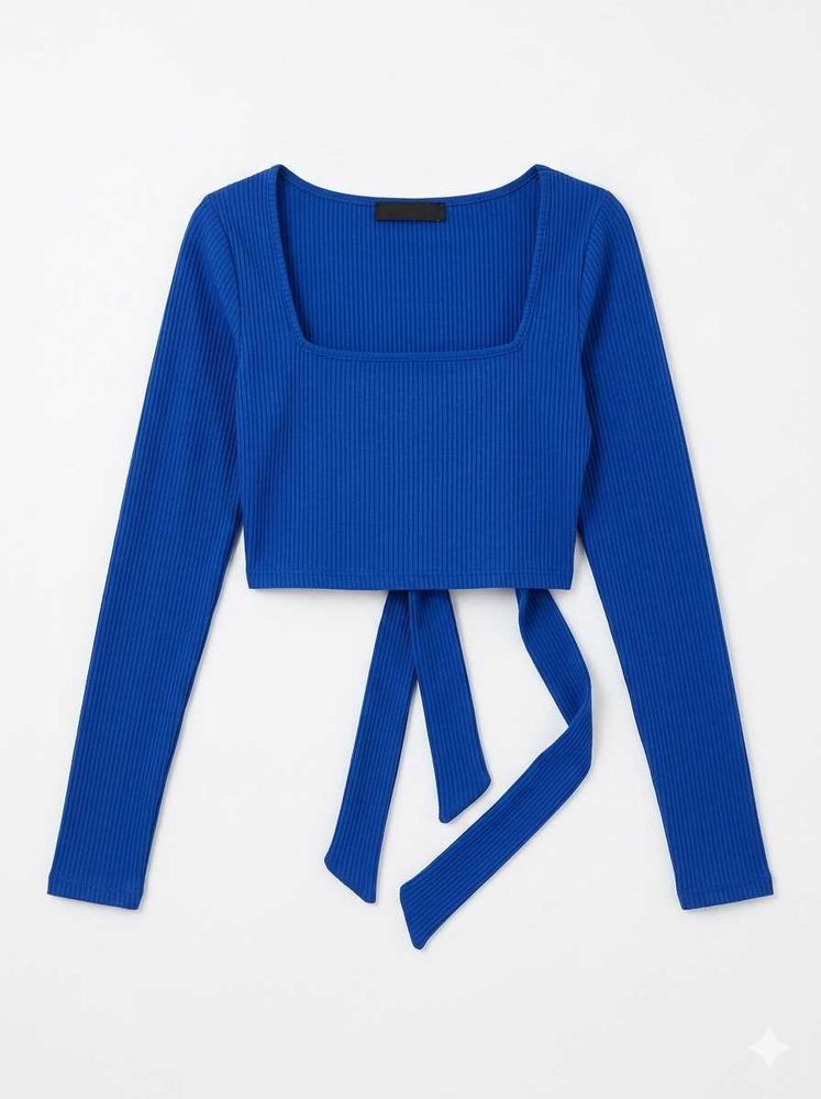 Mwb Blue Ribbed Crop Top with Tie