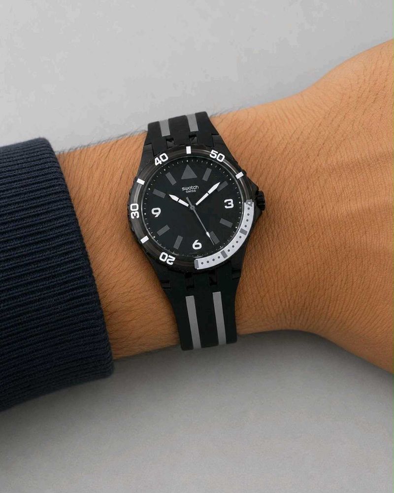 Swatch Watch - Black with Grey Stripes PREMIUM FOR