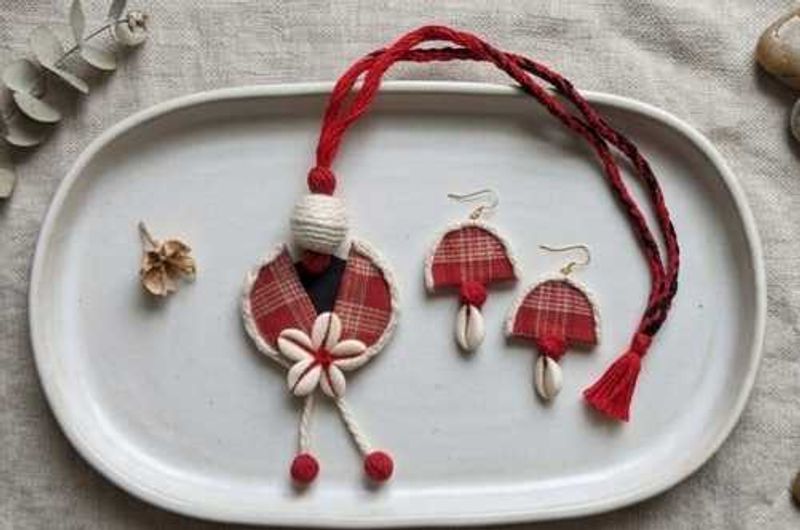 Handmade Red Plaid Necklace &amp; Earring Set