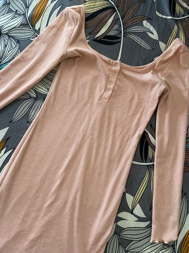 Soft Pink Ribbed Long Sleeve Mini Dress
