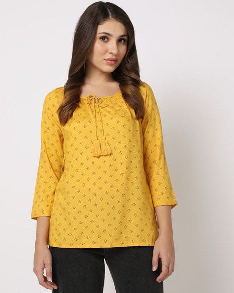 Yellow Printed Kurta with Tassel Tie
