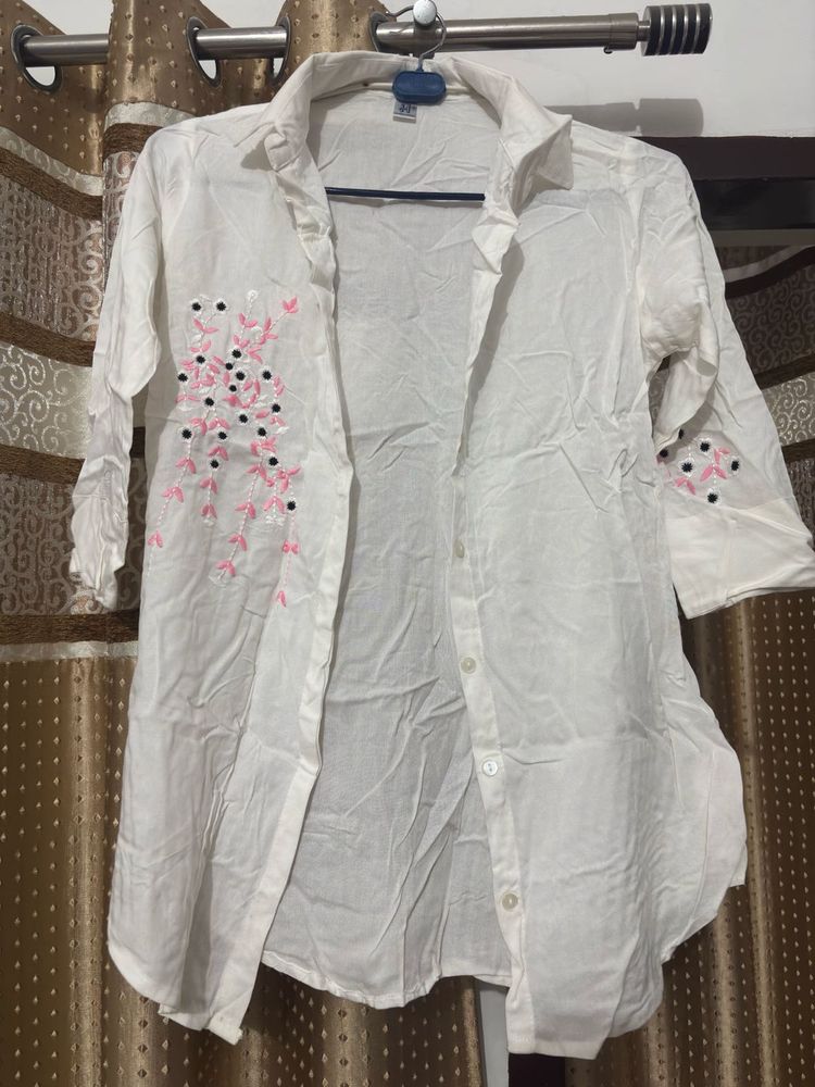 White Embroidered Button-Down Shirt