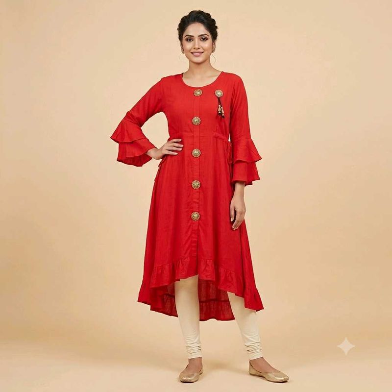 Elegant Red Kurta with Ruffled Sleeves