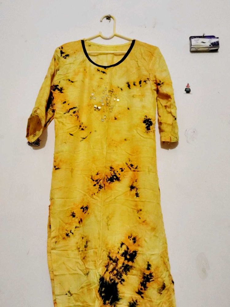 Yellow Tie-Dye Kurta with Sequins✨