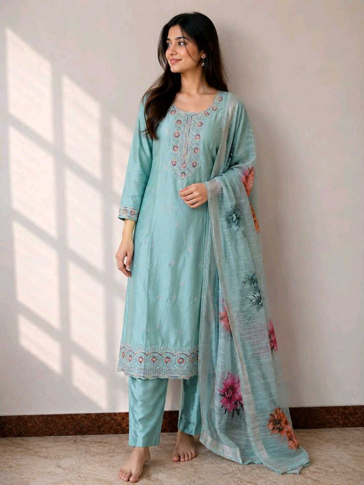 Beautiful Teal Embroidered Kurta Set