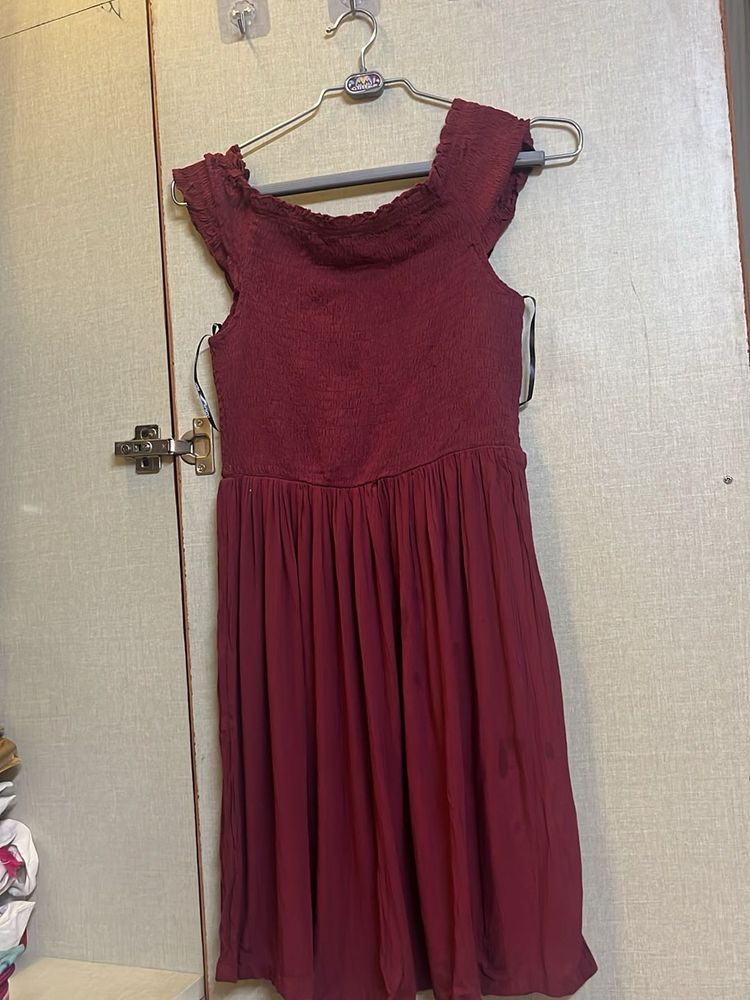 Maroon Off-Shoulder Smocked Dress