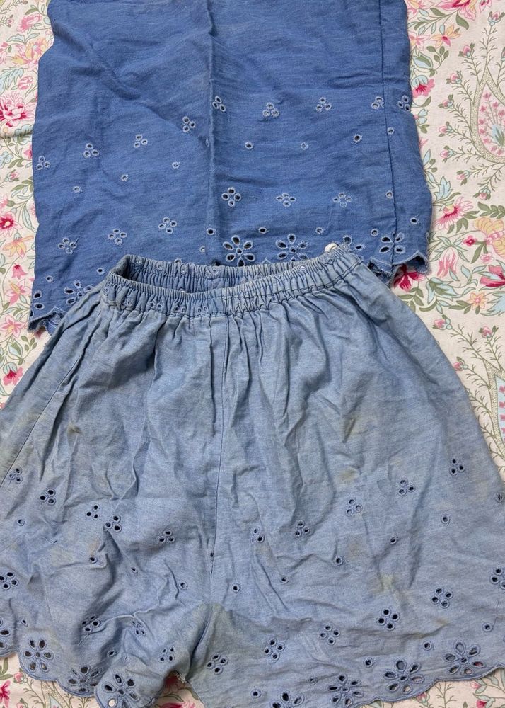 Chic Blue Embroidered Denim Skirt Set