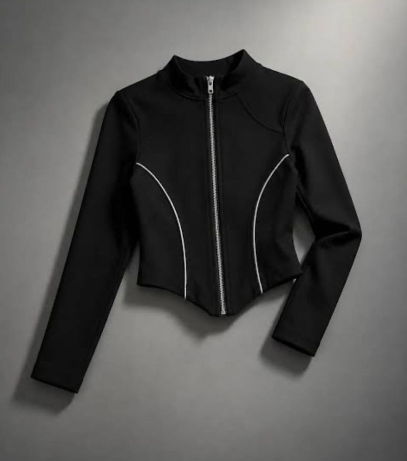 Black Zip-Up Jacket with White Piping