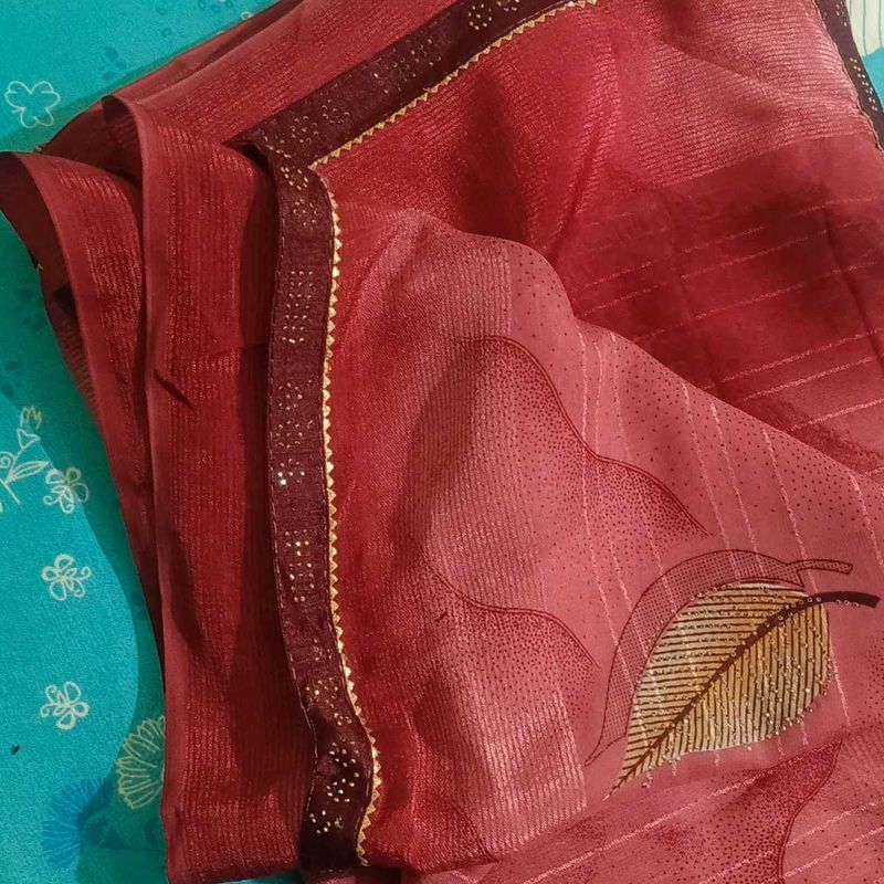 Beautiful Red Saree with Leaf Print