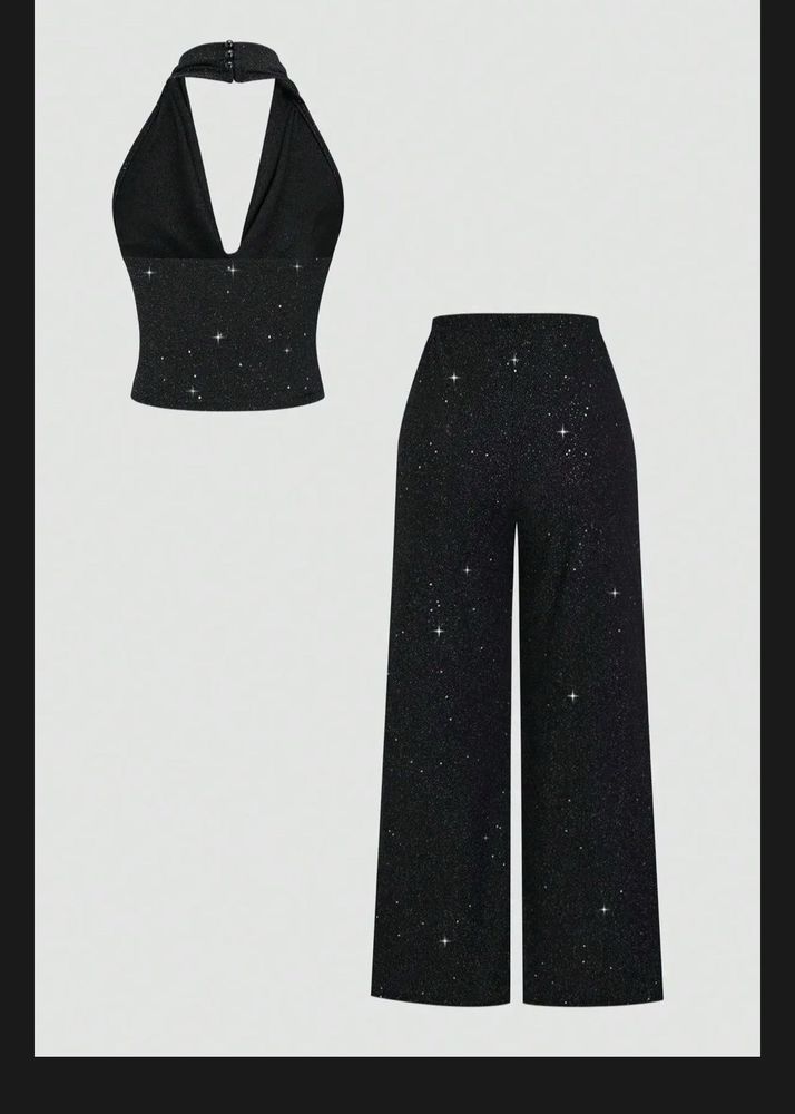 Sparkly Halter Neck Top &amp; Wide Leg Pants Set