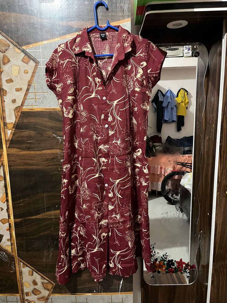 Maroon Floral Print Button-Down Dress