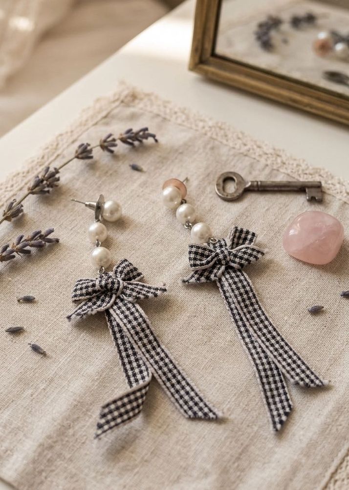 New  Pearl &amp; Gingham Bow Dangle Earrings