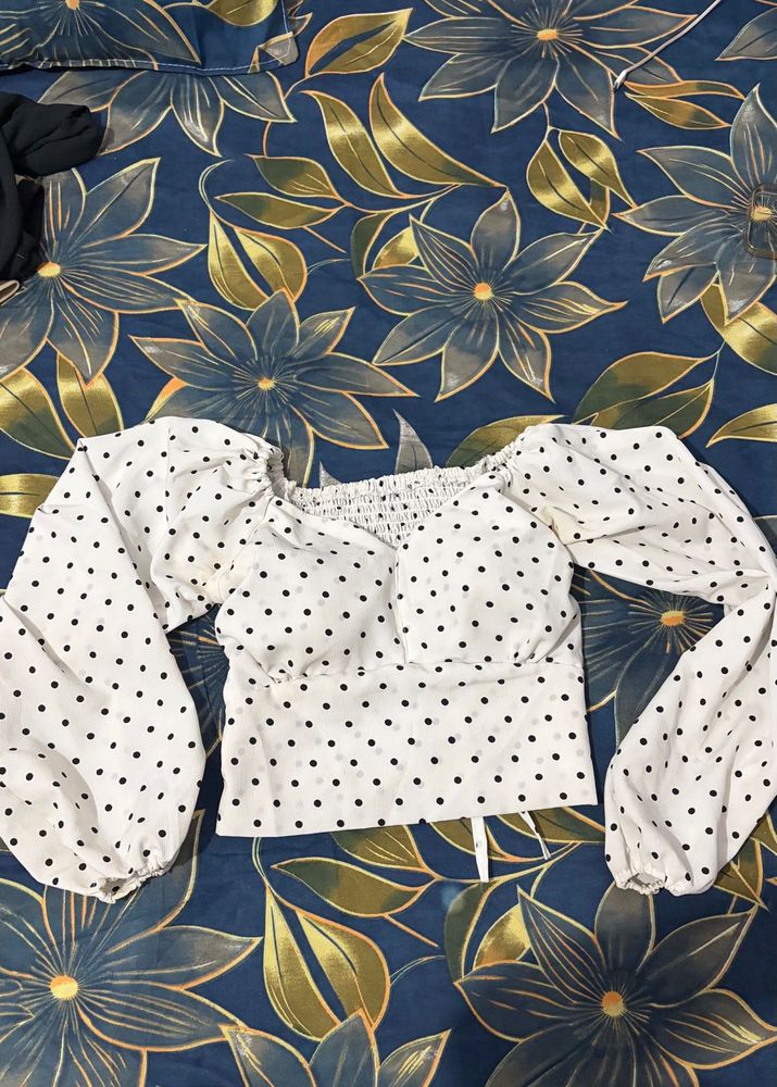 White Polka Dot Puff Sleeve Top