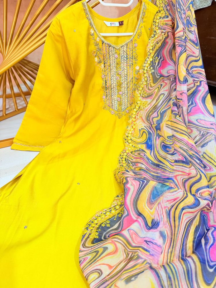 Vibrant Yellow Kurta Set with Printed Dupatta