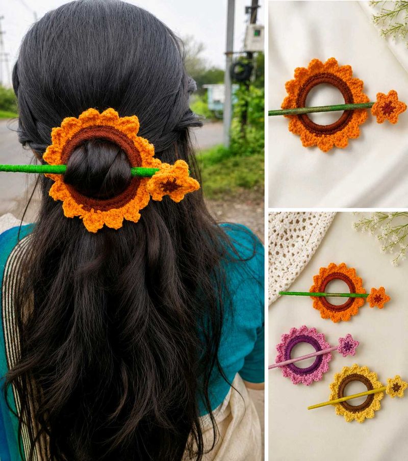 Handmade Crochet Sunflower Hair Stick