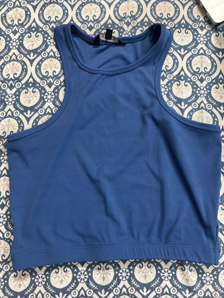 Blue Ribbed Racerback Crop Top