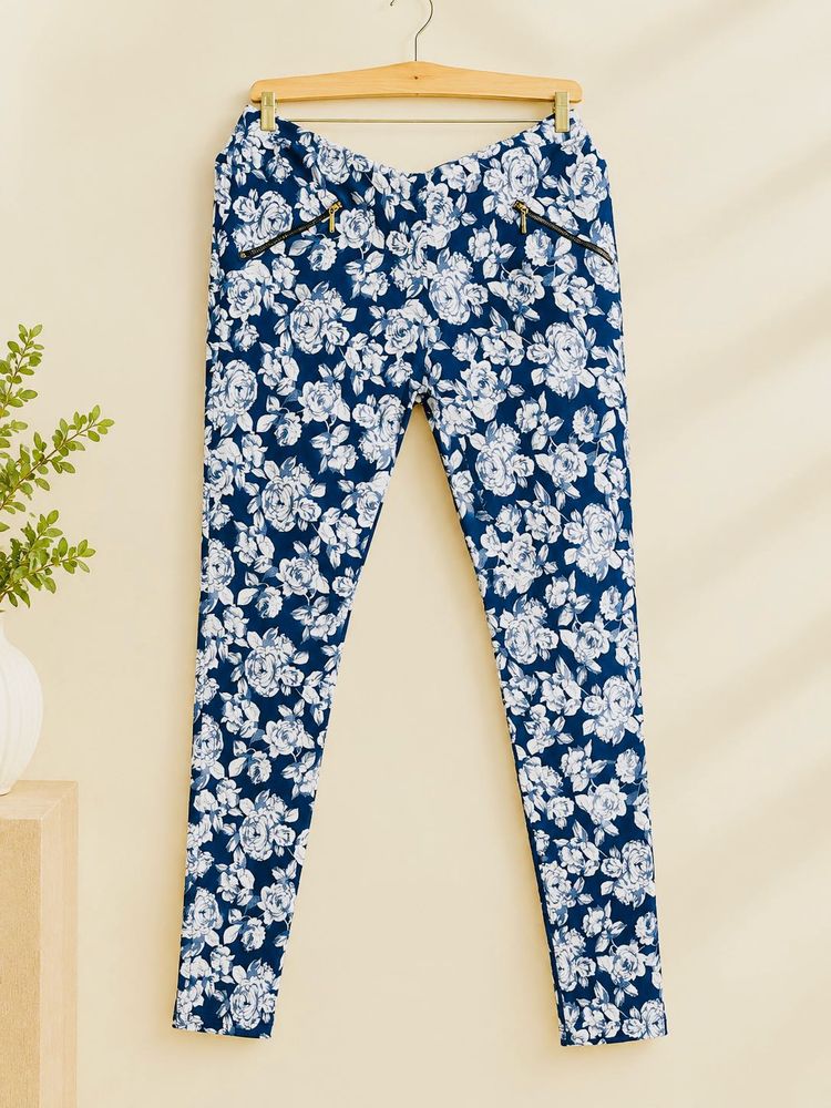 Floral Print Skinny Jeggings with Zip Pockets