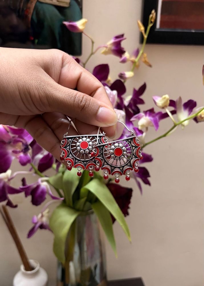 Voylla Boho Chic Red &amp; Silver Earrings